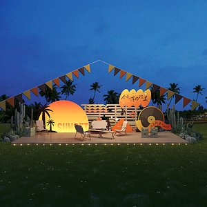 Sunset Beach Display Music Theme Layout Camping Furniture Combination 3D