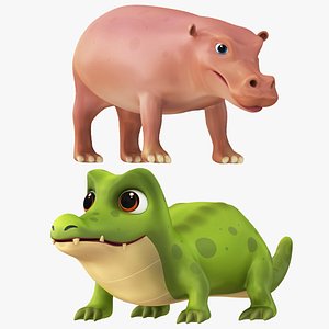 Cartoon Hippo and Crocodile 3D model