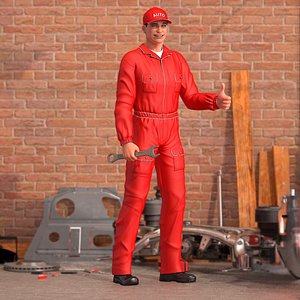 3D Mechanic in Overall with Wrench Rigged