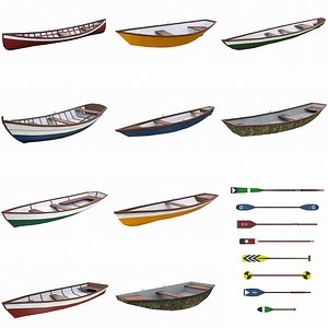 Painted Wooden Boats and Paddles 3D