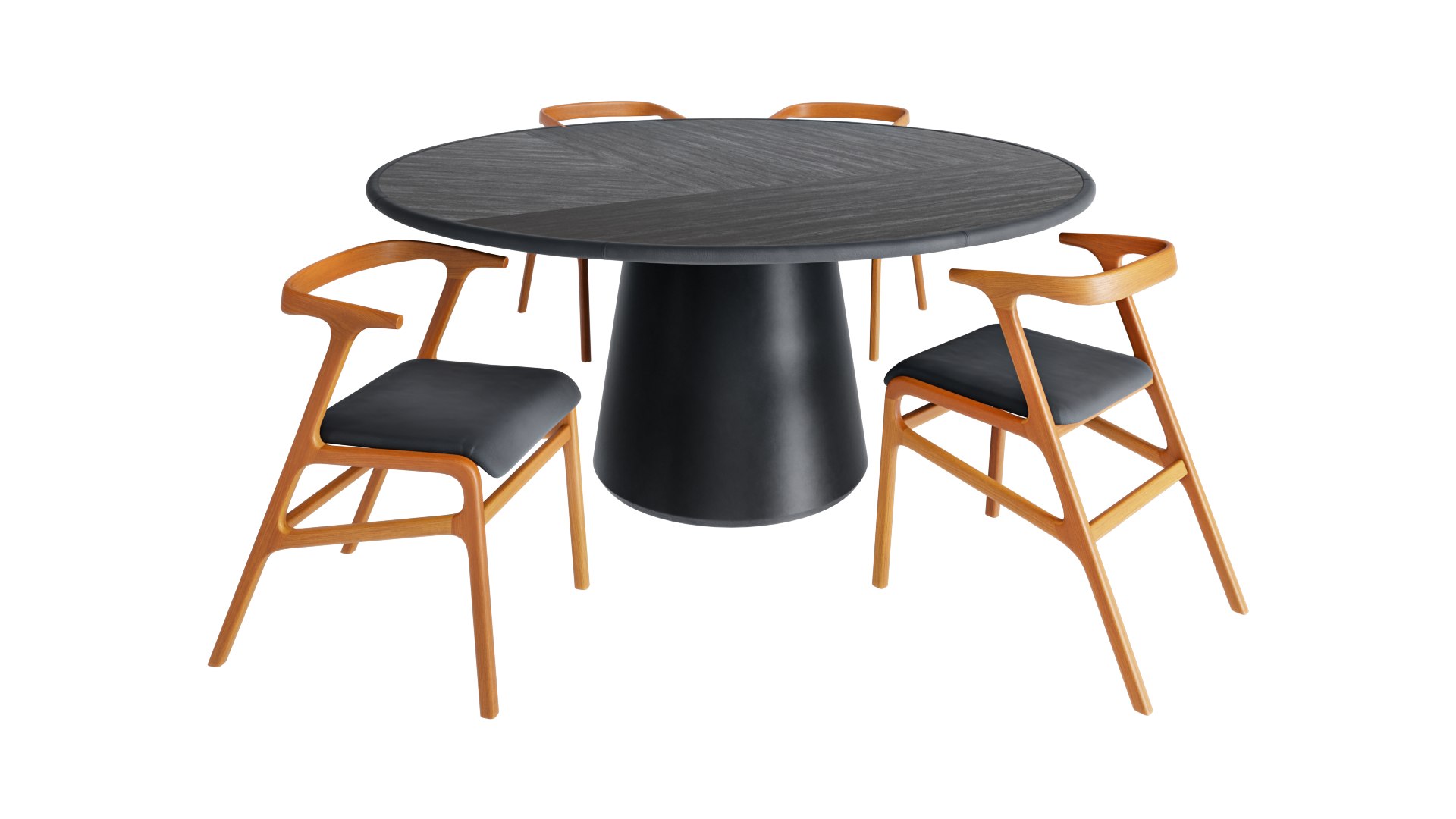 3D Model Round Leather Table And Solid Wood Leather Dining Chair