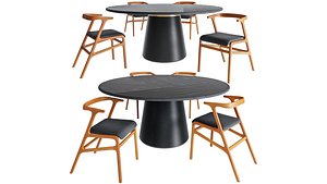 3D model Round leather table and Solid Wood Leather Dining Chair