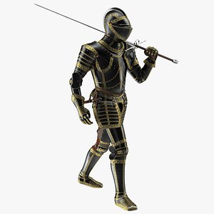 3D model Medieval Knight Black Gold Full Armor Walking Pose