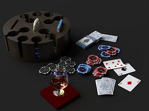 Poker Game Props 3D Model Chips Cards Caddy With Wine Glass 3D