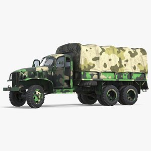 Vintage Army Cargo Truck 6x6 with Camouflage and Canopy Rigged for Maya