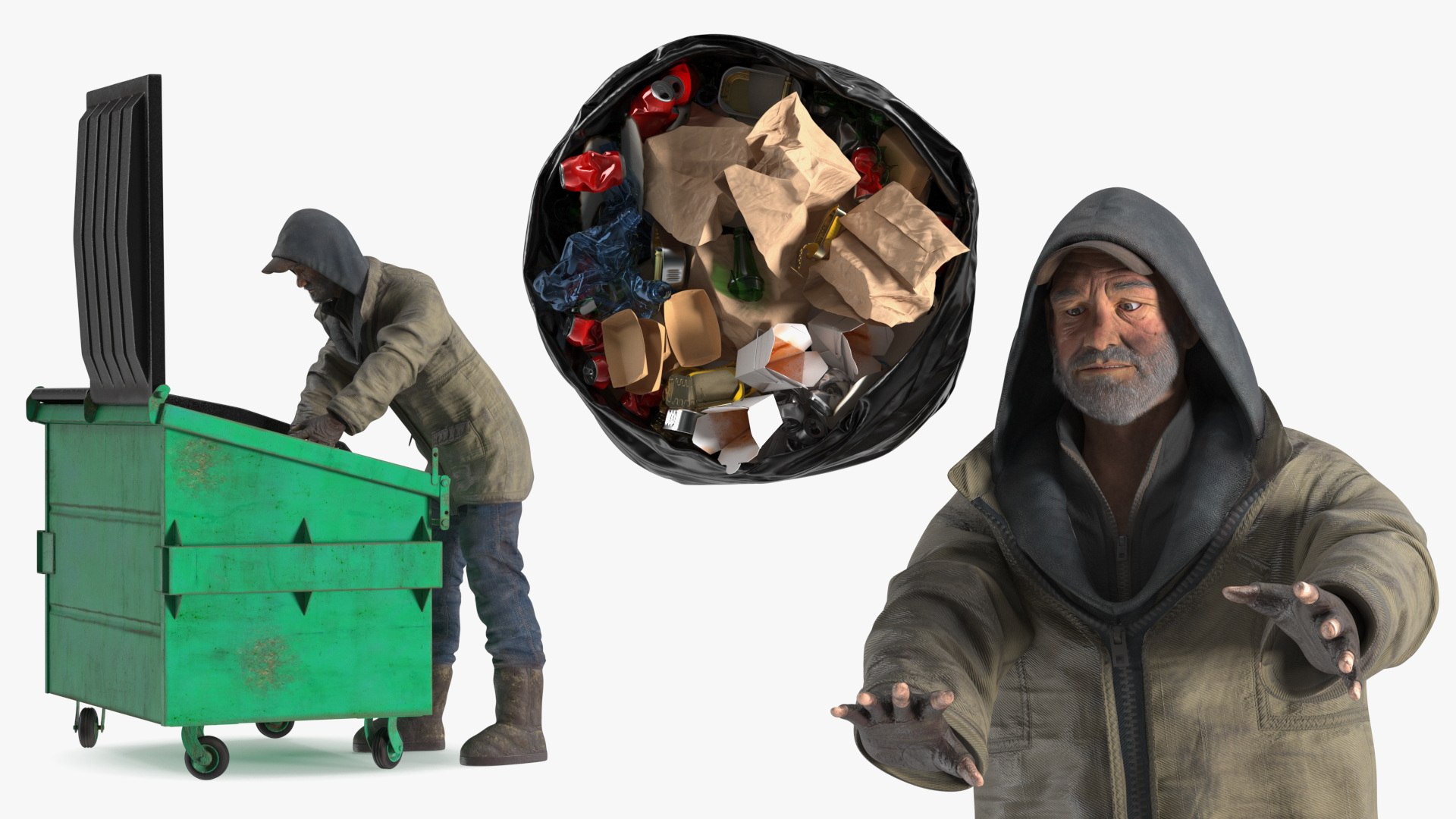 Homeless Man Digs Through Dumpster 3D model preview