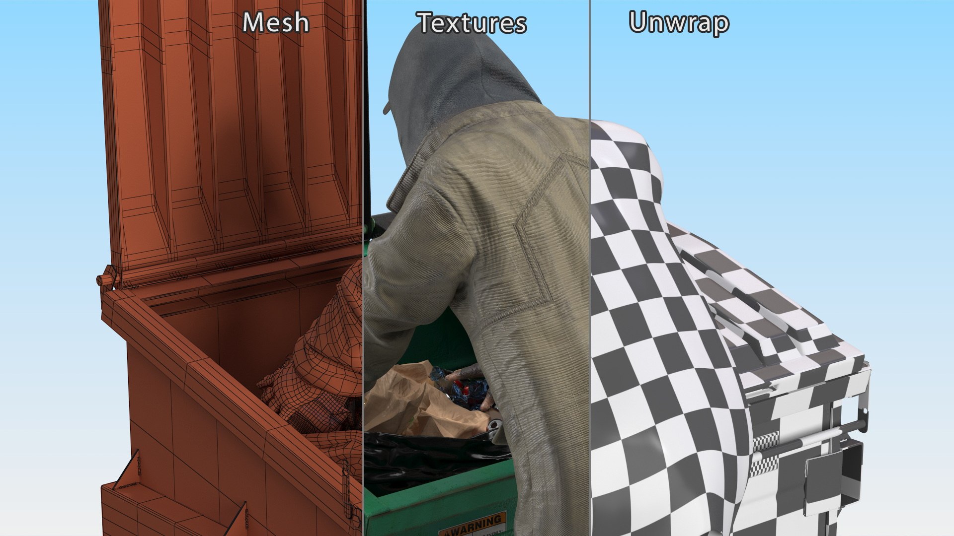 Homeless Man Digs Through Dumpster 3D https://p.turbosquid.com/ts-thumb/yU/Xvqwzx/hy/homelessmandigsthroughdumpster3dmodel028/jpg/1726756337/1920x1080/fit_q87/80b3a1b818c42ca29df8149c597611c8eb009eee/homelessmandigsthroughdumpster3dmodel028.jpg