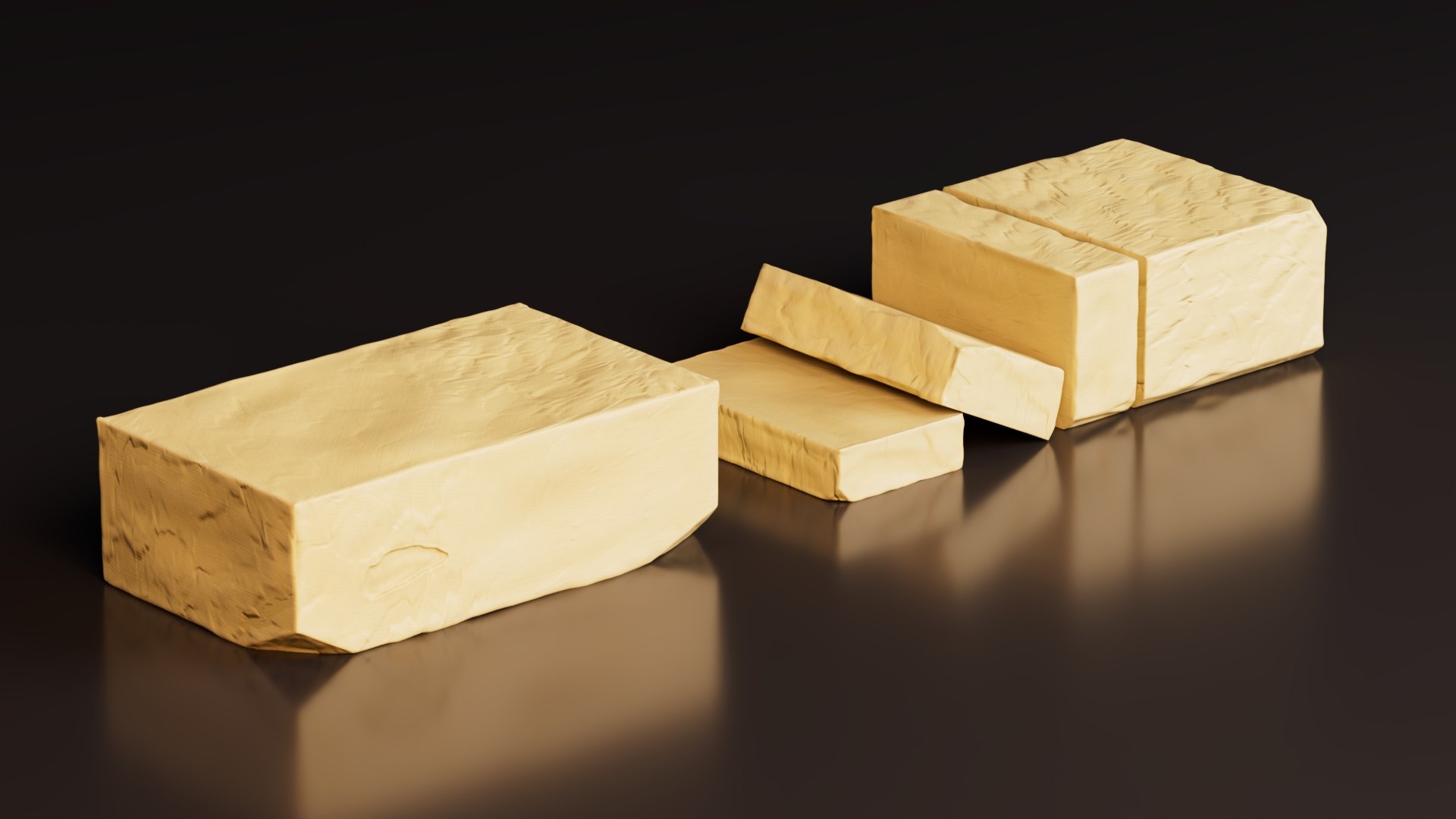 Butter Block with Cut Slices 3D model https://p.turbosquid.com/ts-thumb/yU/u4Txq3/6Z/preview2/jpg/1789528330/1920x1080/fit_q87/b2e5961afd354c826f2b831f9b91ce721e857ab4/preview2.jpg