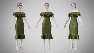 3D model Dress 17 Olive Green Velvet With Design