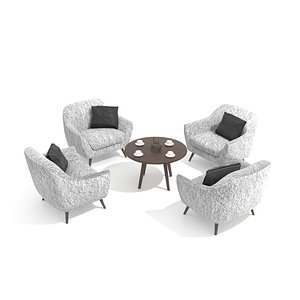 3D 4 elegant chairs with table coffee cups and kettle