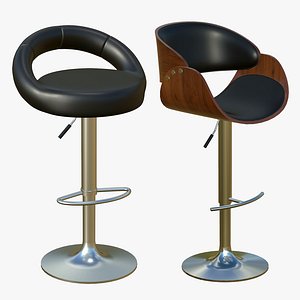 3D Stool Realistic Wooden Black Leather