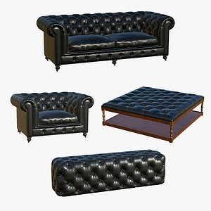 Chesterfield Sofa Coffee Table Realistic Leather 3D model