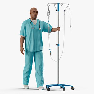 Black Male Medic with an IV Stand