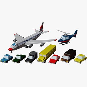 Low poly Vehicle assets for 3D games- Car Pickup Van Bus Airplane and Helicopter 3D model