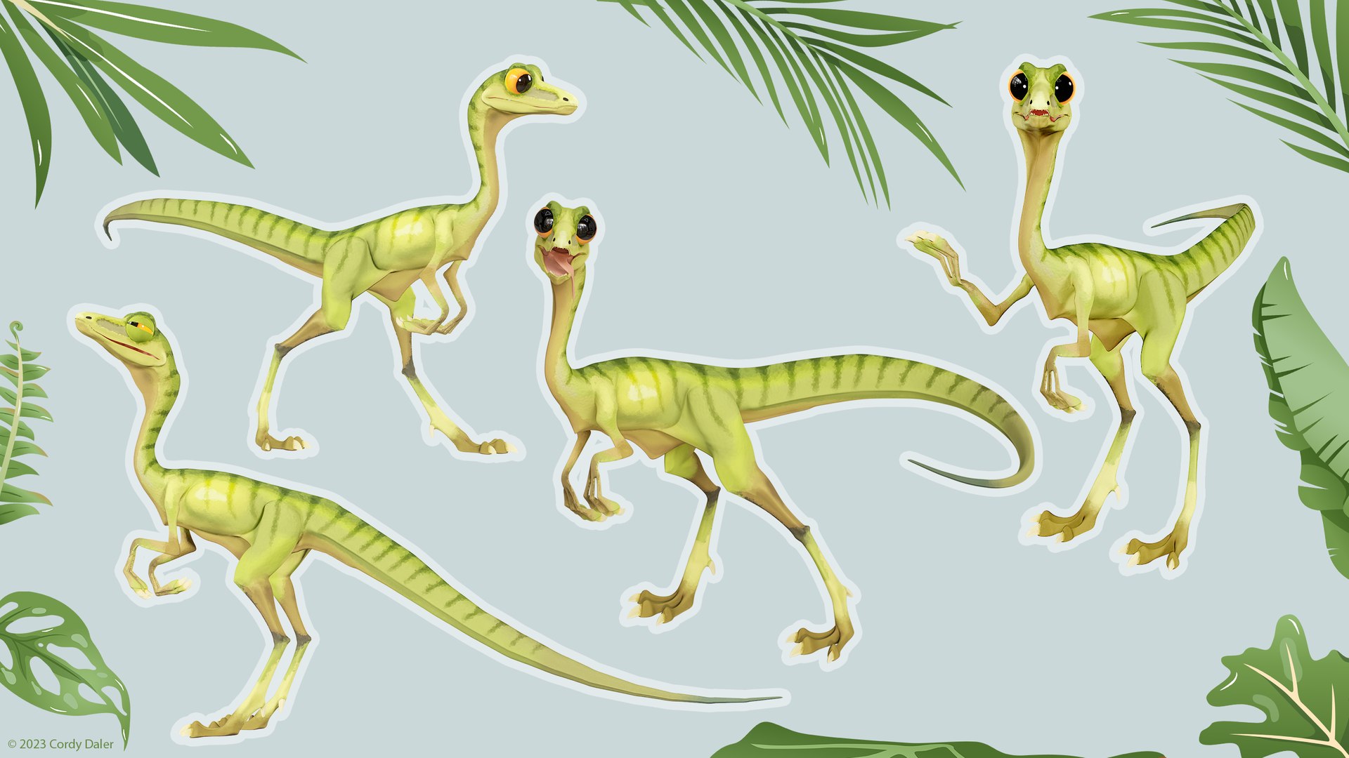 Cartoon Character Compy Animated - Dinosaur Compsognathus PBR 3D model https://p.turbosquid.com/ts-thumb/yd/Uwn9kN/CE/poses1/png/1702929940/1920x1080/fit_q87/35b8f72d5fe87dba8a0c7774da2fba74187df6bf/poses1.jpg