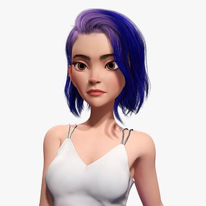 Purple Hair Rigged Stylized 3D Girl with Vibrant Hair and Fashionable Style
