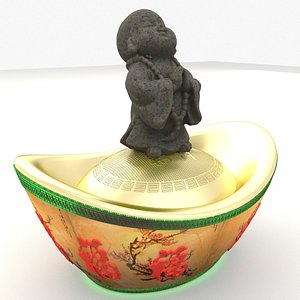 3D Chinese monk kid with gold ingot model