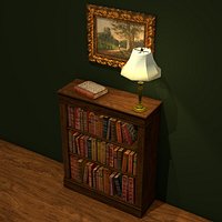 Traditional Small Bookcase 3d Model with Books, Lamp and Painting, Low Poly
