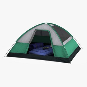Camping Dome Tent Sleeping Bag Setup with Lantern 3D model