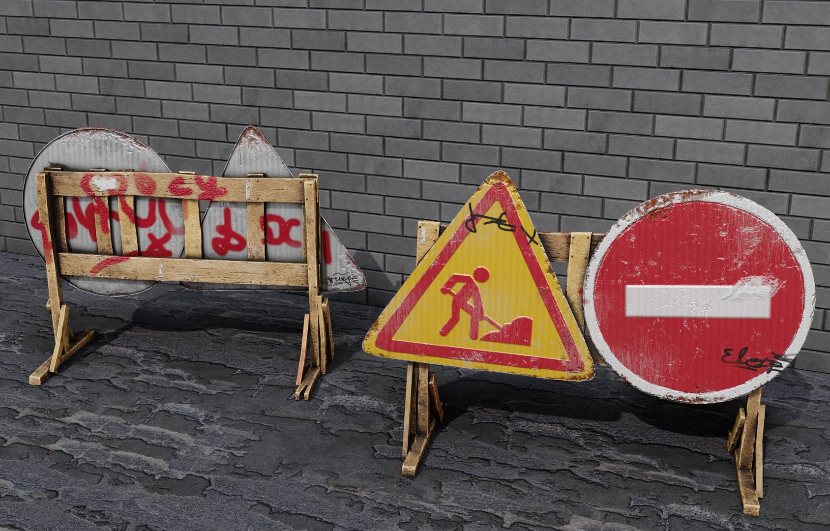 3D wooden digging radiation land Street Sign post-apocalyptic dirty ...