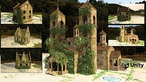 3D Old Church and 2 Houses And Ivy Houses With Leaf Ground 3D model model