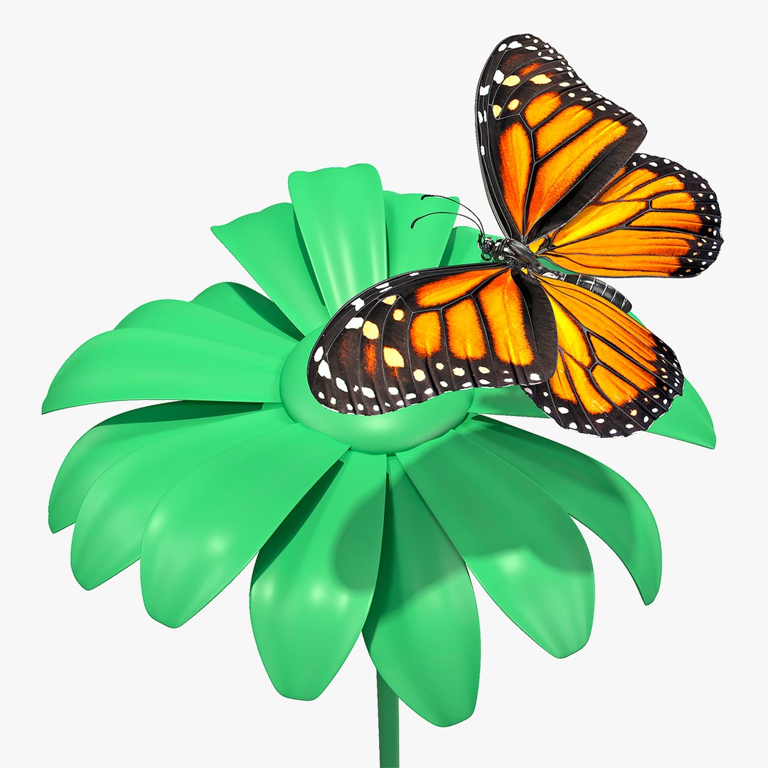 Animated Monarch Butterfly Sits on Swinging Flower Rigged for Cinema 4D 3D model preview