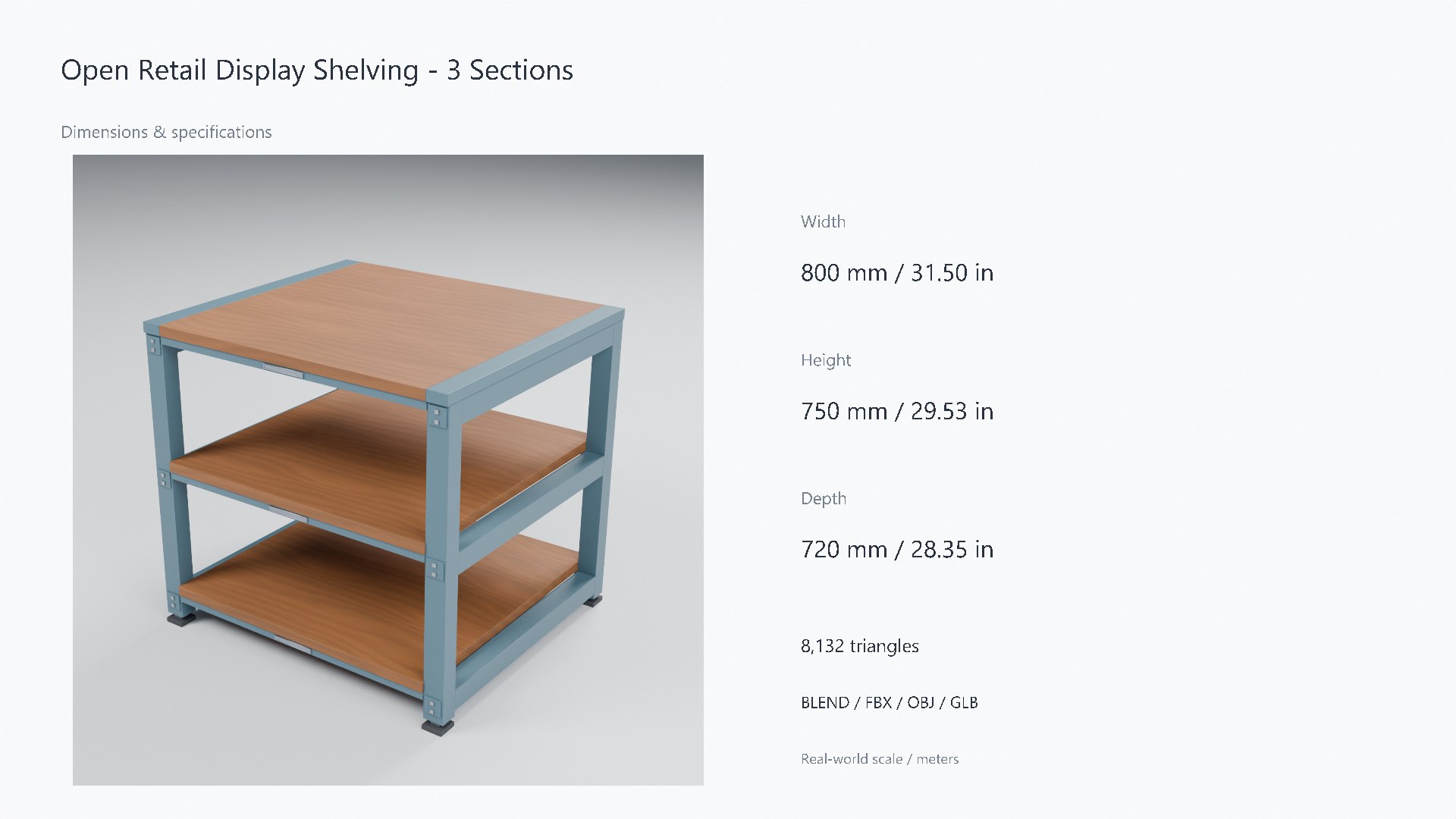 3D Wood and Steel Retail Display Shelving - 800 x 720 x 750 mm model https://p.turbosquid.com/ts-thumb/yn/zvgUhm/0G/07_dimensions/jpg/1788947403/1920x1080/fit_q87/0c94e2332ed55aa94a101b88654b4813f3bbc78b/07_dimensions.jpg