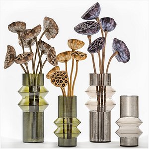3D model Bouquets of dried flowers from lotus stems in a glass vase