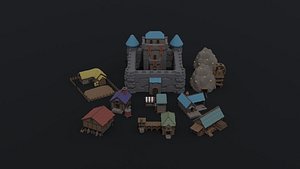 3D Low-poly cartoon medieval fantasy city buildings kit