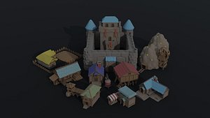 3D Low-poly cartoon medieval fantasy city buildings kit