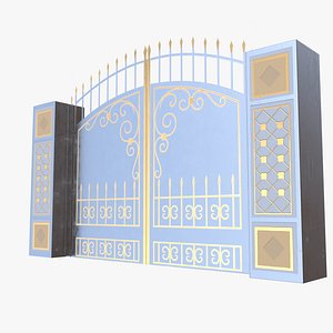 Blue Luxury Wrought Iron Gate with Gold Ornamental Details 3D Model 3D