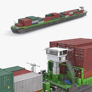 Low Draft Shipping Vessel Fully Loaded Green Rigged for Maya