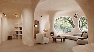 Wabi-Sabi Japandi Lounge with Sculpted Stucco