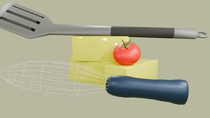 Kitchen Kit With utensils, a Tomato and Butter 3D