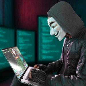3D Hacker in Anonymous Mask Sitting Pose