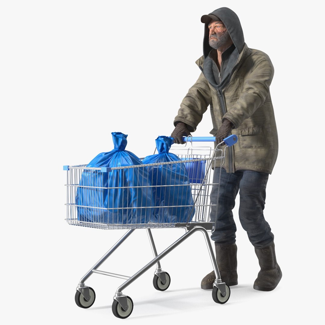 Homeless Man with Shopping Cart 3D model preview
