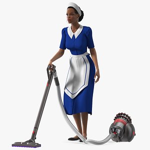 3D Light Skin Black Maid with Dyson Big Ball Vacuum Cleaner Rigged for Maya