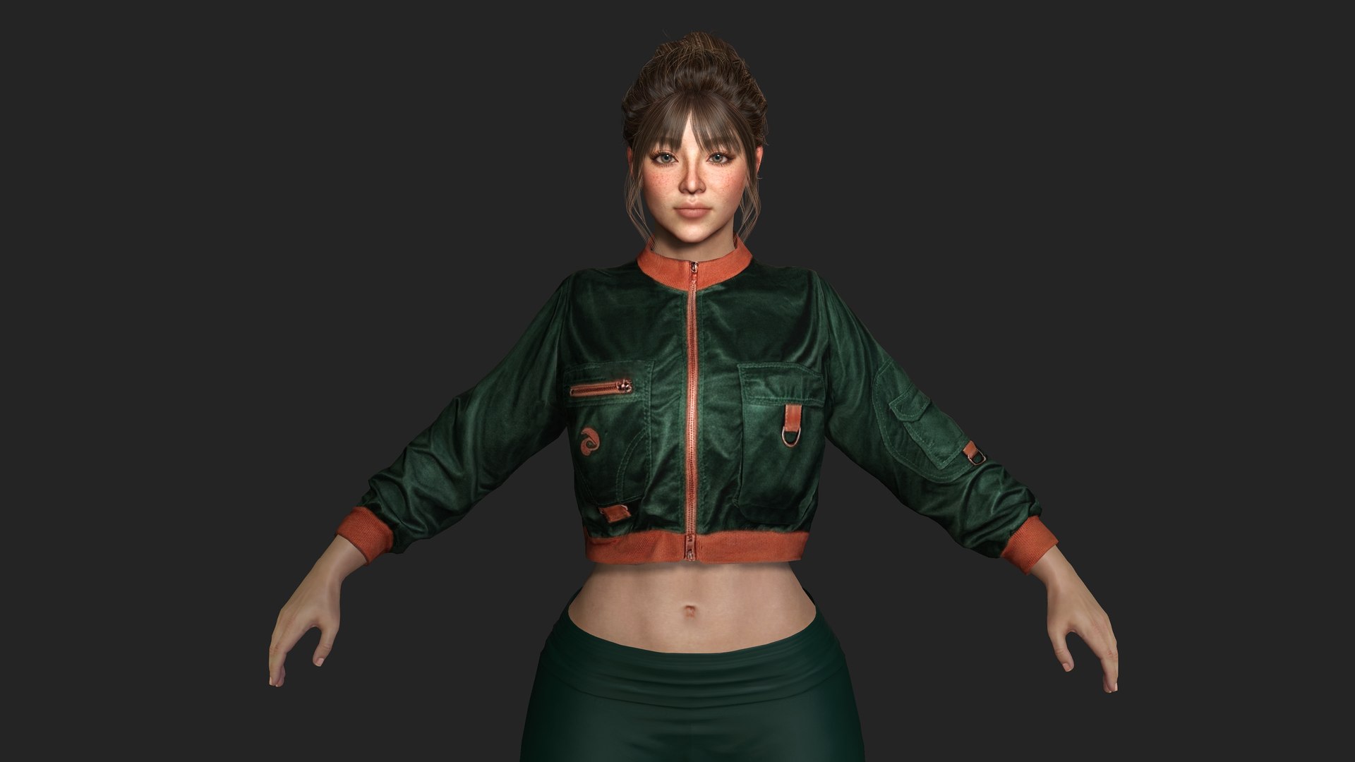 Realistic Game Character - Korean Girl Green Bomber Jacket 3D model https://p.turbosquid.com/ts-thumb/z1/FW47YB/Iz/11/jpg/1792749960/1920x1080/fit_q87/e8e8f6d242f4004966e52c4e5b2185d2e1508e6a/11.jpg