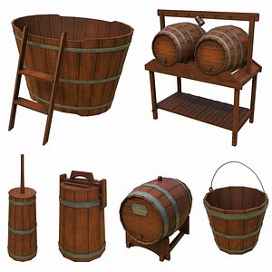 3D Set of 6 Medieval Wooden Barrels and Buckets model