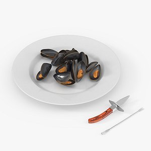 3D model Boiled Mussels with Seafood Knife Fork
