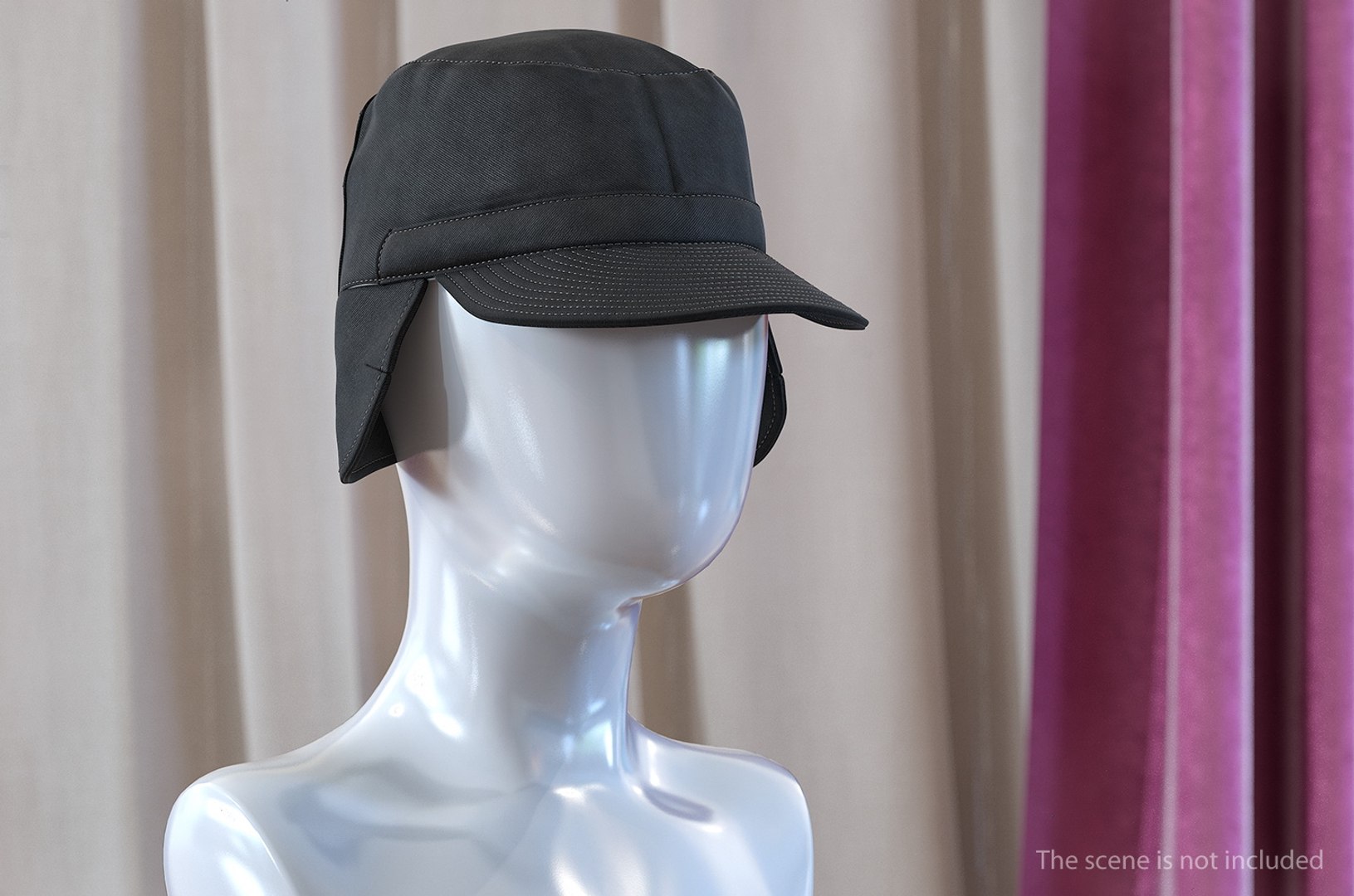 Black Military Field Cap with Earflaps 3D model preview