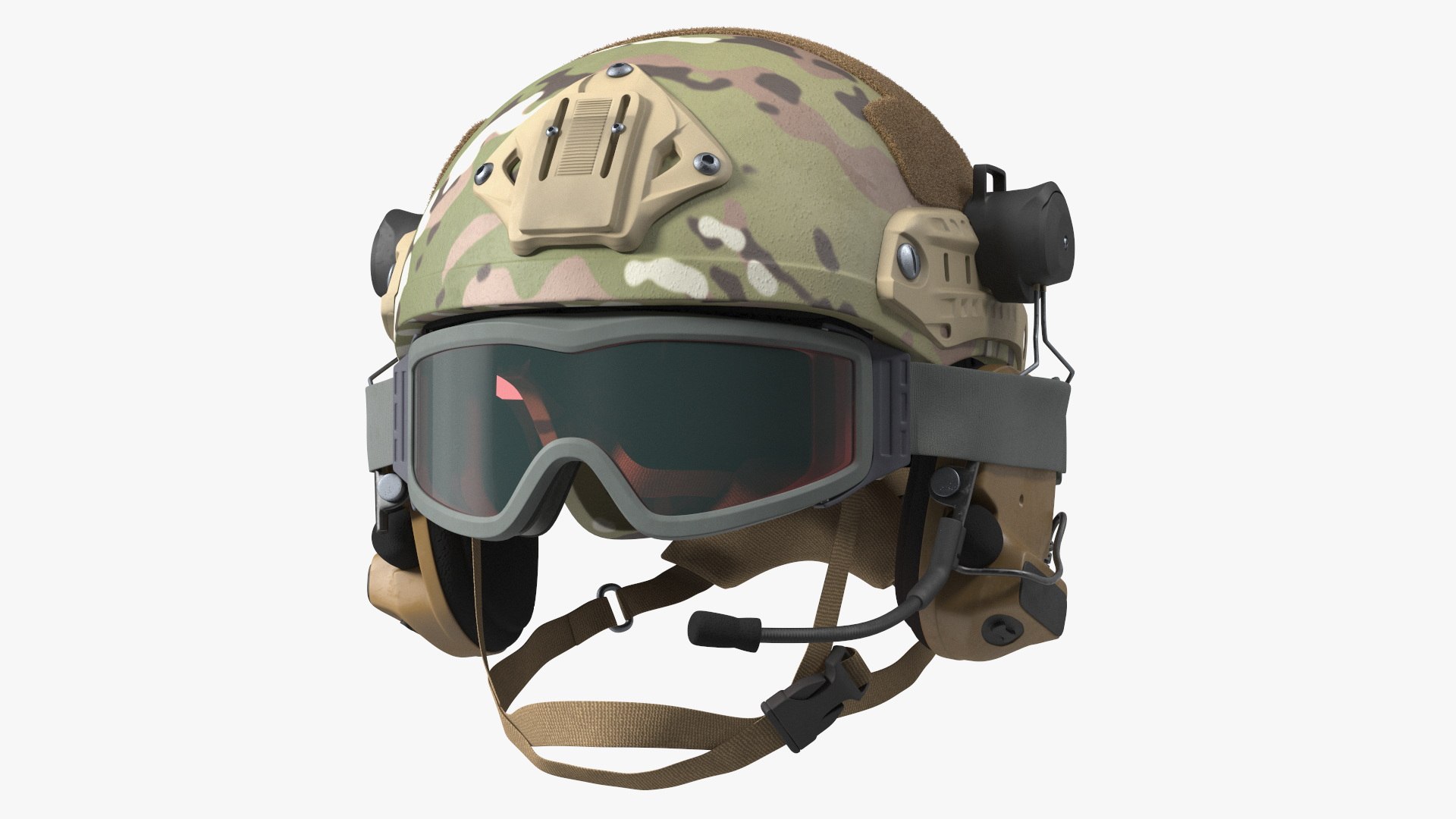Tactical Gear Helmet Green Camo with Goggles Fur 3D model preview
