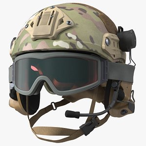 Tactical Gear Helmet Green Camo with Goggles Fur model