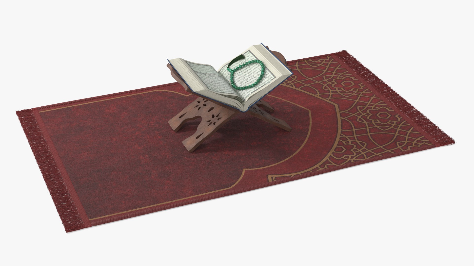 Prayer Rug with Quran Rehal on Stand and Beads 3D model preview