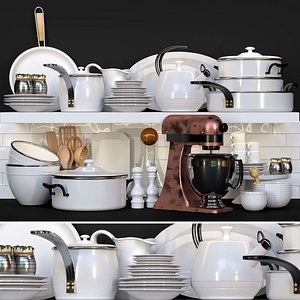 3D A set of dishes and kitchen appliances