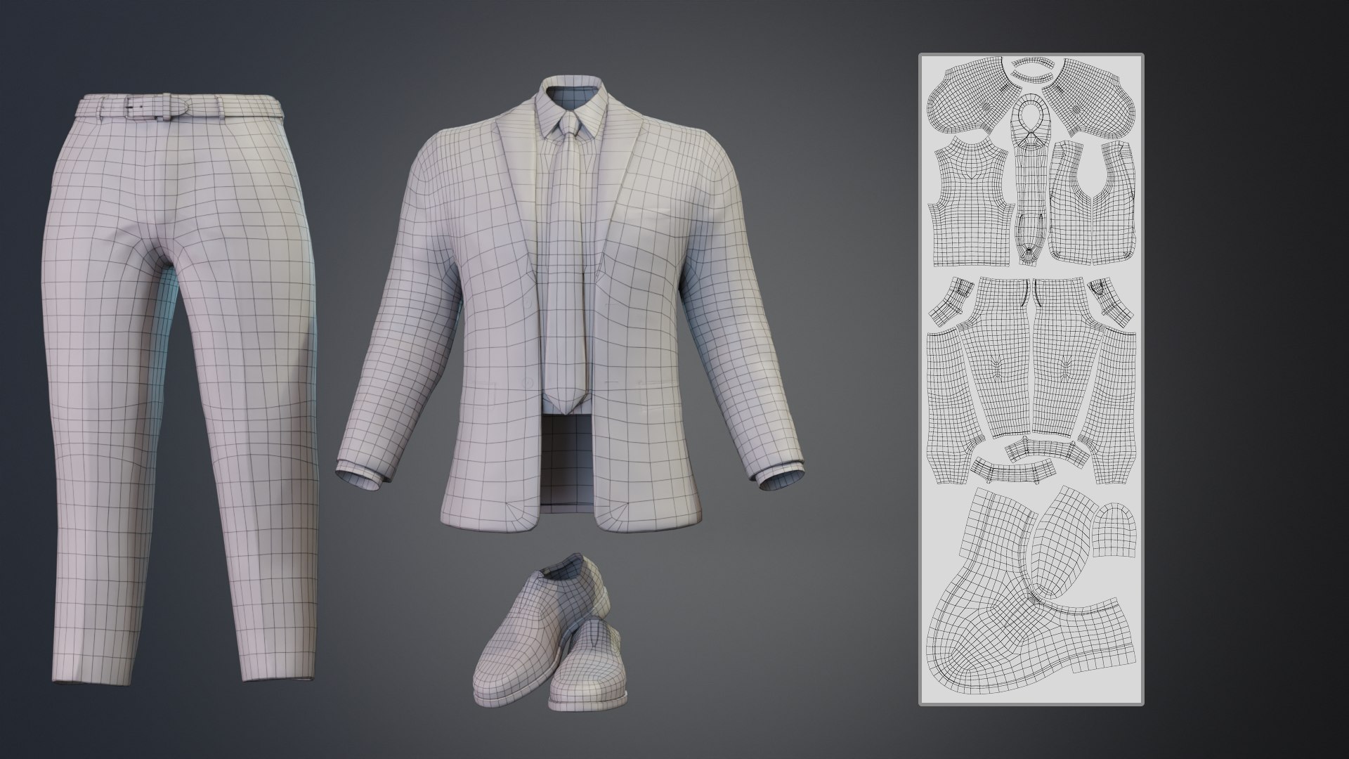 3D Men Formal Suit Collection - Animation and Game Ready https://p.turbosquid.com/ts-thumb/zE/RxOGib/IY/wireframe6withuv/png/1739484862/1920x1080/fit_q87/a82d8b4bfef85f6d0934e88506b0a8e113f375dd/wireframe6withuv.jpg