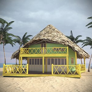 Tropical Beach Hut with Thatched Roof and Yellow Railings