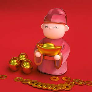 Chinese traditional god of wealth and gold ingots model