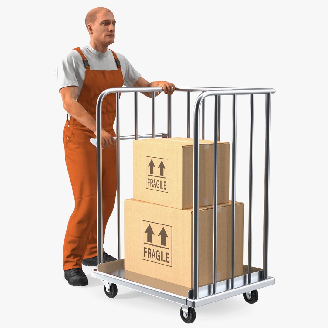 Worker with Trolley Platform High Railing Cardboard Boxes Fur 3D model preview