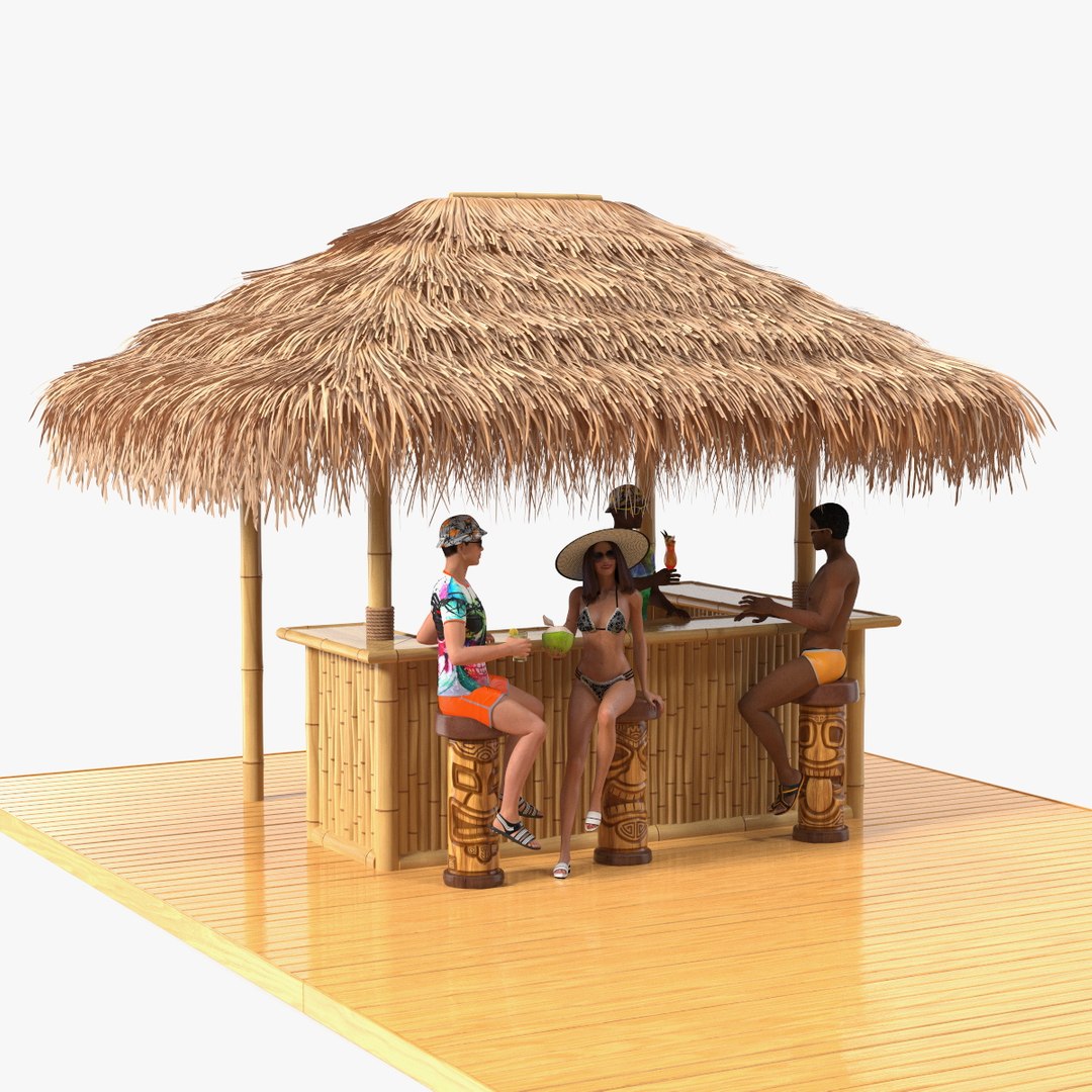 Barman and People at Tiki Bar 3D model preview